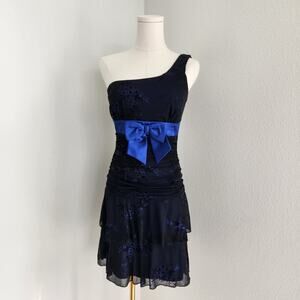 Y2K Deb One Shoulder Black Tiered Mini Dress Blue Floral Drop Waist Bow XS